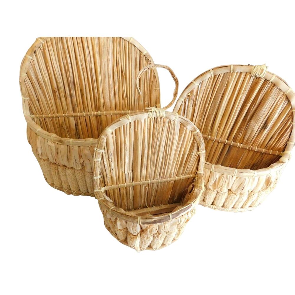 Woven Corn Husk Wall Baskets Boho Farmhouse Fall Harvest Decor Set of 3